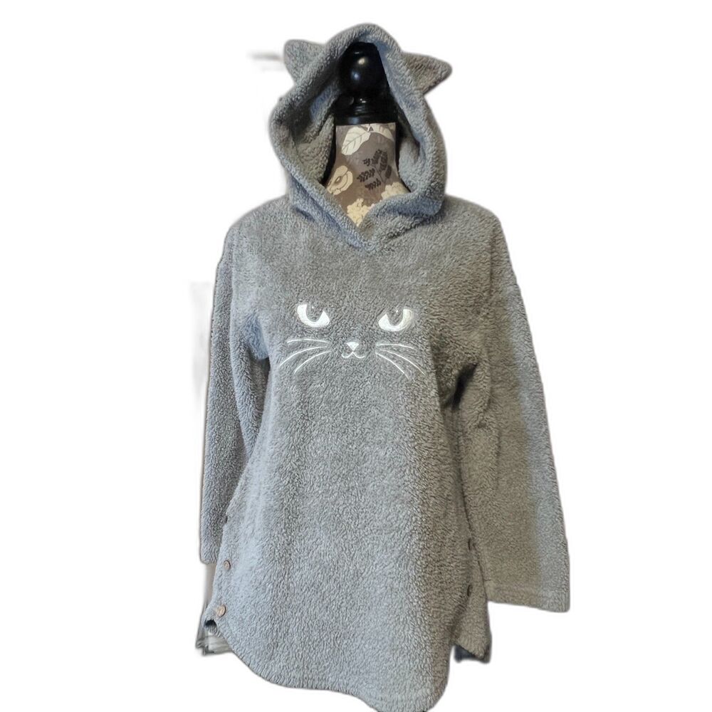 Women's Fluffy Cat Ear Plush Fleece Hoodie Gray Small